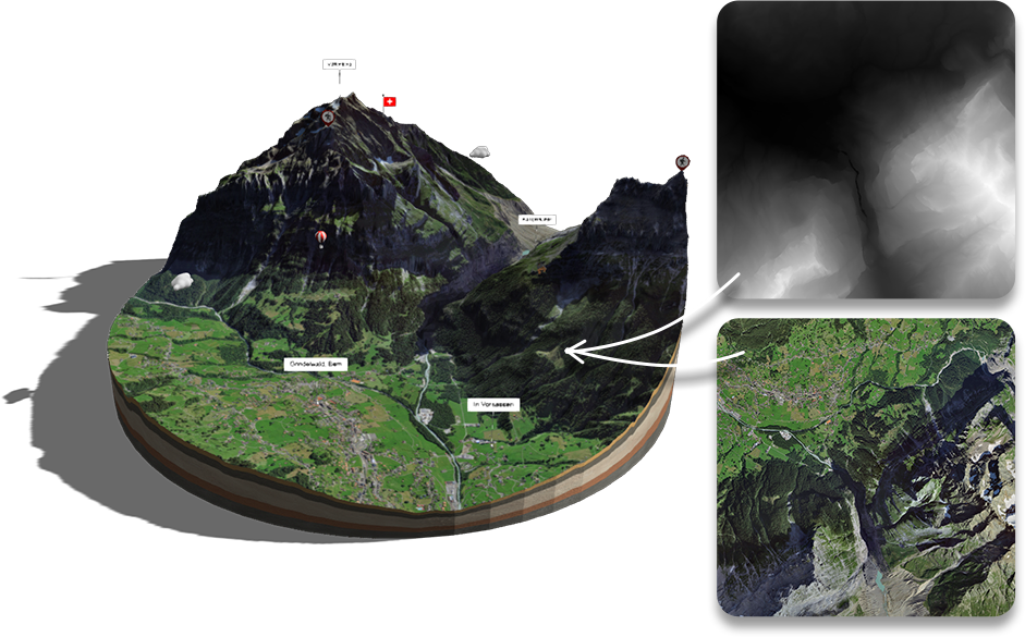 from-heightmap-to-3d-map Comparison showing a flat grayscale heightmap being converted into a fully textured interactive 3D map model.