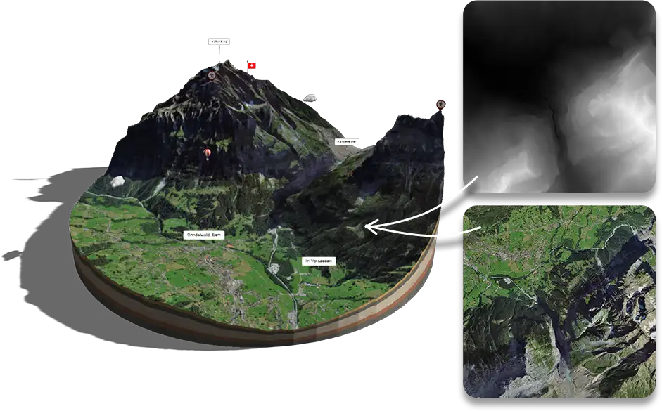 Comparison showing a flat grayscale heightmap being converted into a fully textured interactive 3D map model.